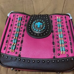 Mid-Sized Montana West Custom Teal, Pink, & Brown Leather Purse with Chrome & Beaded Inlays, Multi-Compartment