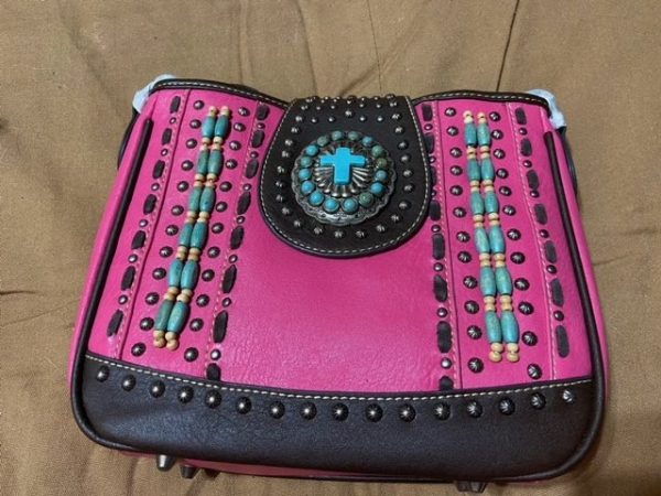 Mid-Sized Montana West Custom Teal, Pink, & Brown Leather Purse with Chrome & Beaded Inlays, Multi-Compartment