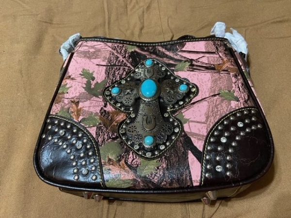 Mid-Sized Montana West Custom Pink Camouflage & Leather Purse with Stone & Chrome Inlays, Multi-Compartment
