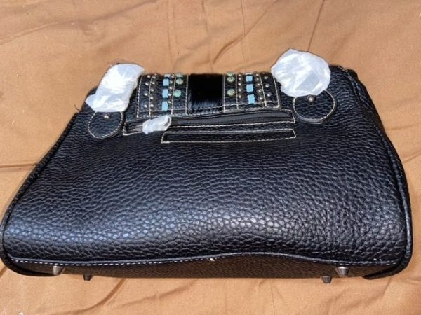 Rugged, Full-Sized Montana West Leather Purse, Custom Embedded Light Blue, Black, Mohair & Chrome Design, Multi-Compartment
