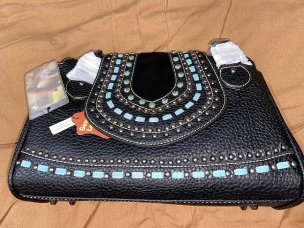 Rugged, Full-Sized Montana West Leather Purse, Custom Embedded Light Blue, Black, Mohair & Chrome Design, Multi-Compartment