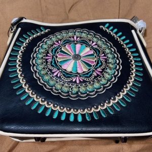 Mid-Sized Montana West Rugged Leather Purse, Custom Teal, Pink, & Creme Color Floral Mandala Embroidery, Multi-Compartment