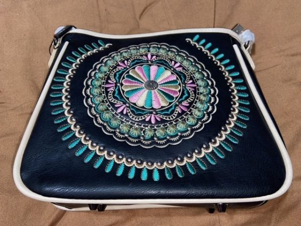Mid-Sized Montana West Rugged Leather Purse, Custom Teal, Pink, & Creme Color Floral Mandala Embroidery, Multi-Compartment