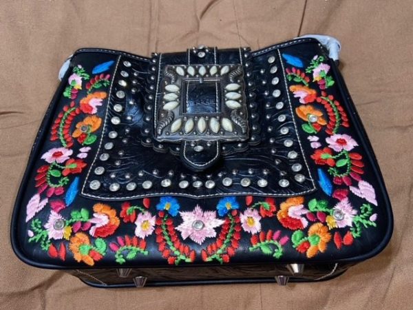 Mid-Sized Montana West Rugged Leather Purse, Custom Multicolor Floral Embroidery & Chrome Inlays, Multi-Compartment