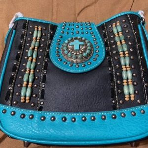 Rugged, Mid-Sized Montana West Leather Purse, Custom Embedded Teal Green, Chrome & Beaded Design, Multi-Compartment