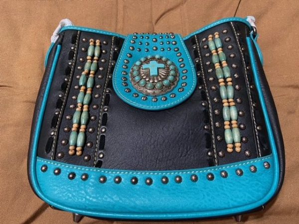 Rugged, Mid-Sized Montana West Leather Purse, Custom Embedded Teal Green, Chrome & Beaded Design, Multi-Compartment