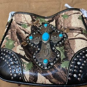 Mid-Sized Montana West Custom Camouflage & Leather Purse with Stone & Chrome Inlays, Multi-Compartment