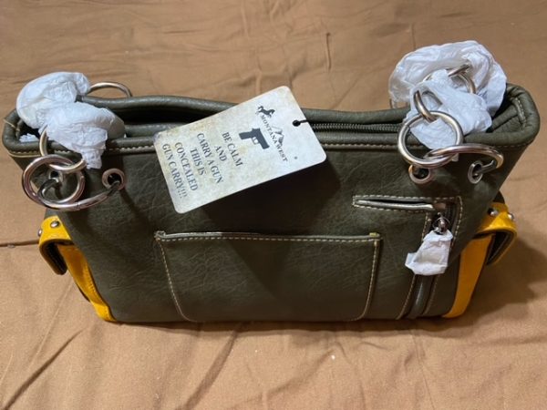 Olive Green Leather Montana West Purse, Yellow & Creme Flower custom design, concealed compartments, full size.