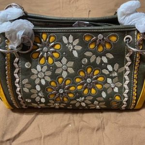 Olive Green Leather Montana West Purse, Yellow & Creme Flower custom design, concealed compartments, full size.