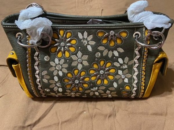 Olive Green Leather Montana West Purse, Yellow & Creme Flower custom design, concealed compartments, full size.